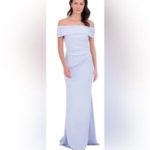 Eliza J Light Blue off Shoulder Gown periwinkle size 10 Scuba fabric NWT